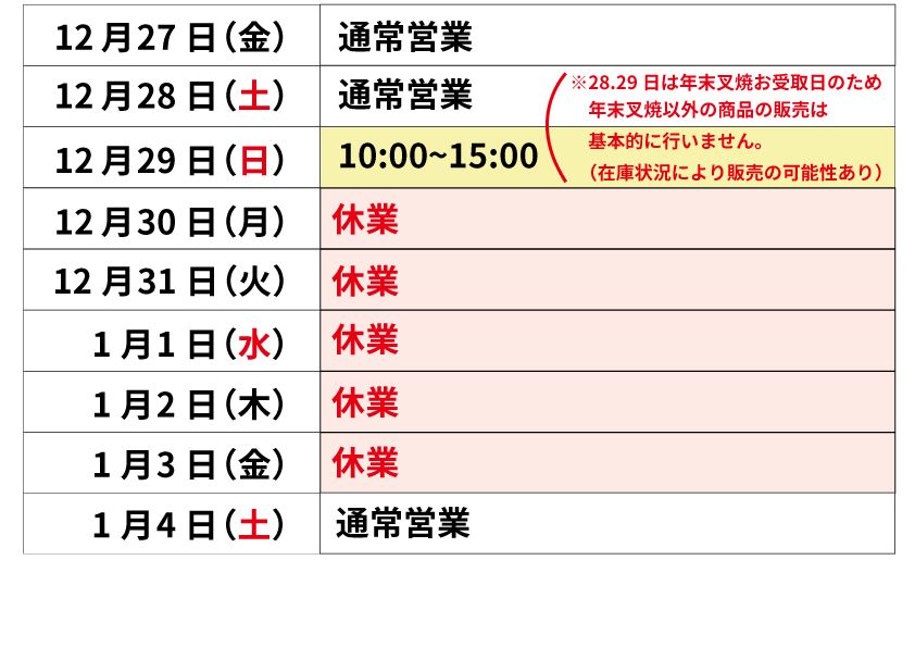 キッチン年末年始営業のお知らせ